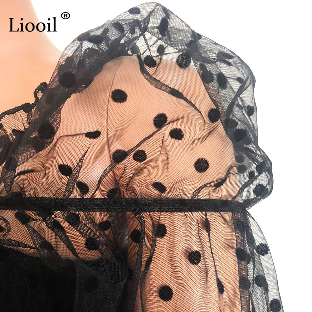 Liooil прозрачная сетчатая блузка в горошек, рубашка, короткий укороченный топ,, уличная одежда, сексуальный клубный пышный длинный рукав, черные женские топы и блузки