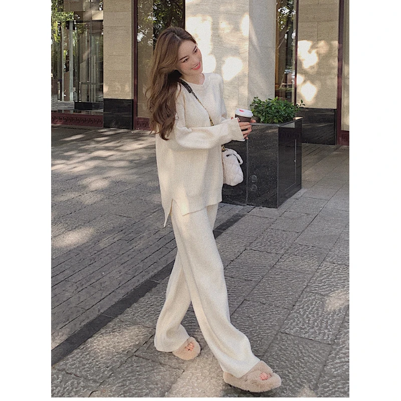 Two Piece Set Pullover Sweater Tracksuit Women High Waist Knit Straight Pants Suit Spring Clothes