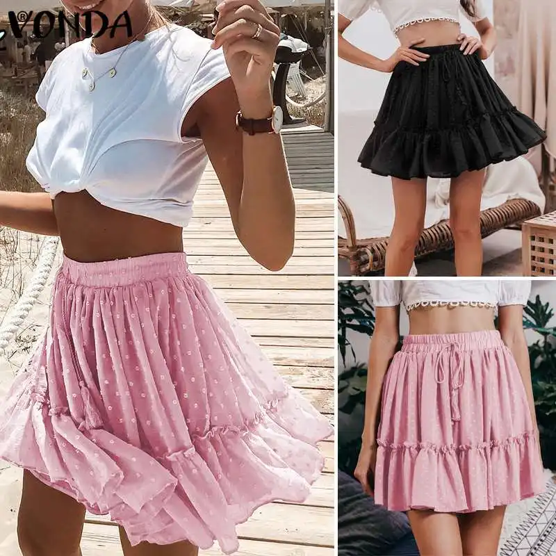 VONDA/летние женские богемные короткие юбки в горошек, пляжные розовые трапециевидные плиссированные мини-юбки с принтом и рюшами размера плюс