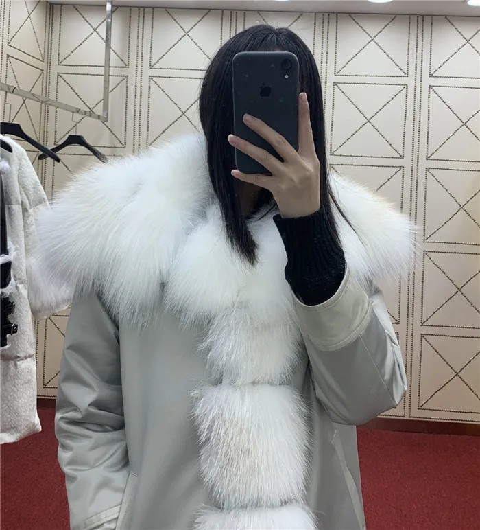 Женские пальто с натуральным лисьим мехом, зимние Роскошные куртки с воротником из лисьего меха и утиным пухом, теплые парки с большим отворотом из белого утиного пуха