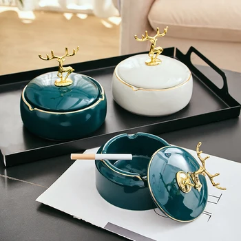 

Nordic Ceramic Dark Green Metal Ashtray with lid Creative Luxury Living Room Table Portable High capacity Ashtray Gift Friend