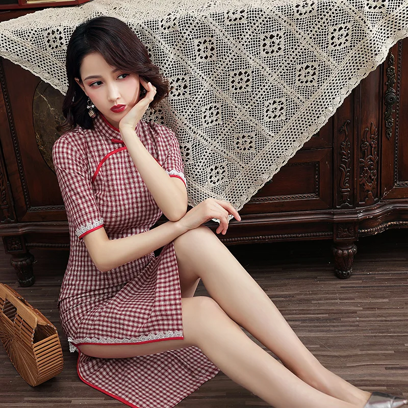 

New Elegent Women Cotton And Linen Stand Collar Dresses Mid-length Lady Literary Daily Self-cultivation Slim Cheongsam
