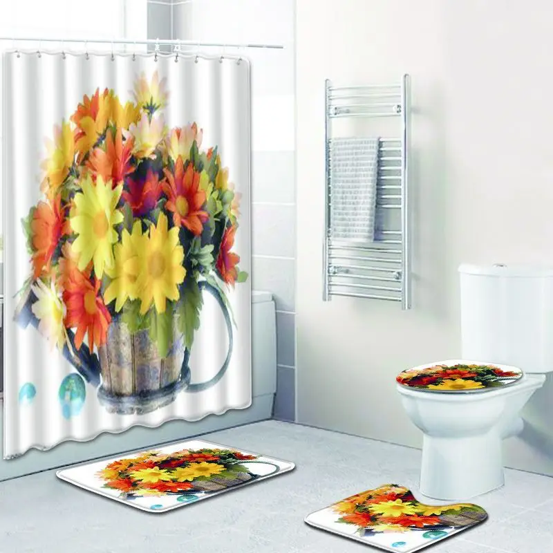 

Flower Bathroom Shower Curtain Waterproof Polyester Anti-slip Bath Mat Contour Rug Carpet Toilet Lid Cover Foot Pad Home Decor
