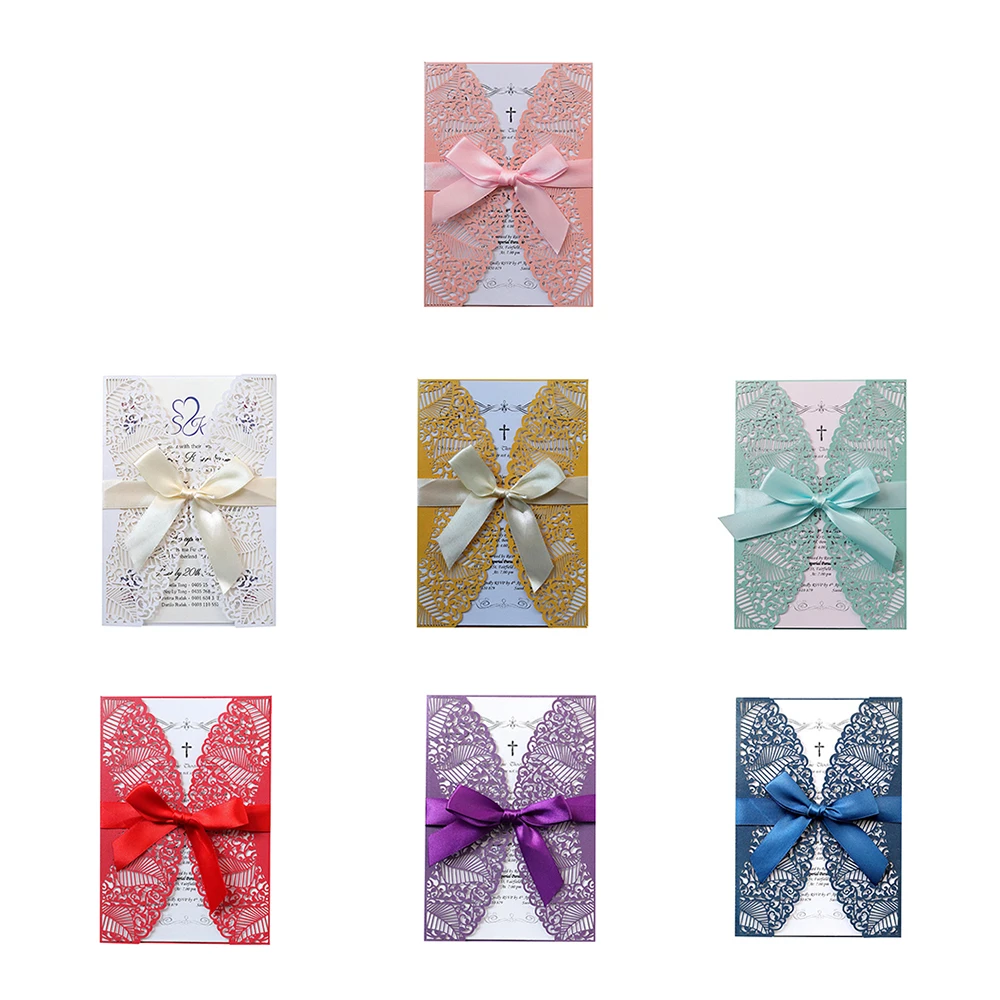 10pcs/ set Glitter invitations for wedding business party Hollow Out Flower greeting card customized supply Card+Cover+Envelope