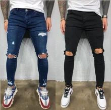 Pantalones vaqueros rasgados para hombre, Jeans elásticos perforados de moda para otoño, pantalones pitillo con agujeros, pantalones vaqueros de Color sólido para novio