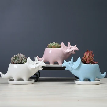 

Ceramic Flowerpot Triceratops Design Succulent Pot With Tray Desktop Dinosaur Flower Pot Planter For Home Garden Decoration