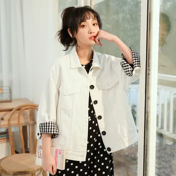 

New Plaid white denim coat women's candy color tooling jacket