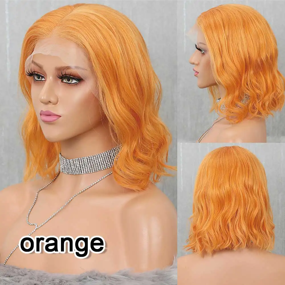 orange lace bob wig 13x6 короткий боб Синтетические волосы на кружеве парики из натуральных волос на кружевной Цветной девственные волосы парики предварительно вырезанные 613 блондинка красного/розового/голубого цвета для оранжевые парики из натуральных волос - Цвет волос: orange lace bob wig