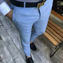 Синий мужской повседневный облегающий костюм брюки уличная мода пляжные мужские сшитые брюки Trajes De Hombre De Vestir