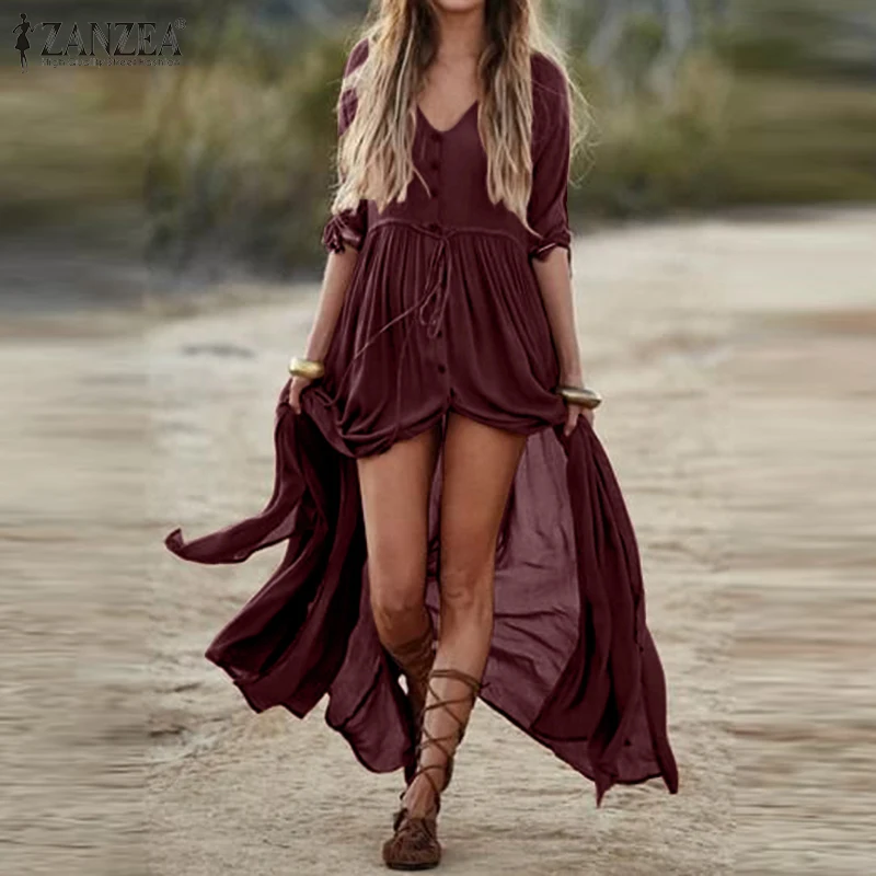 

ZANZEA 2020 Elegant Shirt Dress Women's V Neck Sundress Half Sleeve Summer Maxi Vestidos Female Button High Split Robe Plus Size