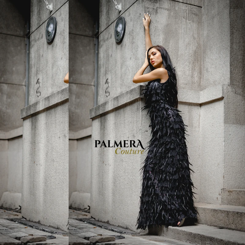 Palmera Couture без рукавов платье, украшенное перьями и блестками, длина до пола вечернее вечерние Элитная одежда yz20190011