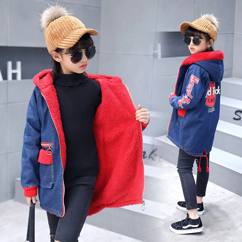 letters red fleece girls denim jacket winter thermal kids jean coat fall spring children's clothing