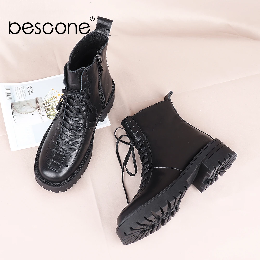 BESCONE Women's Shoes Winter Casual Comfortable Martin Ankle Boots Genuine Leather Platform Round Toe Zipper Boots Woman BC844