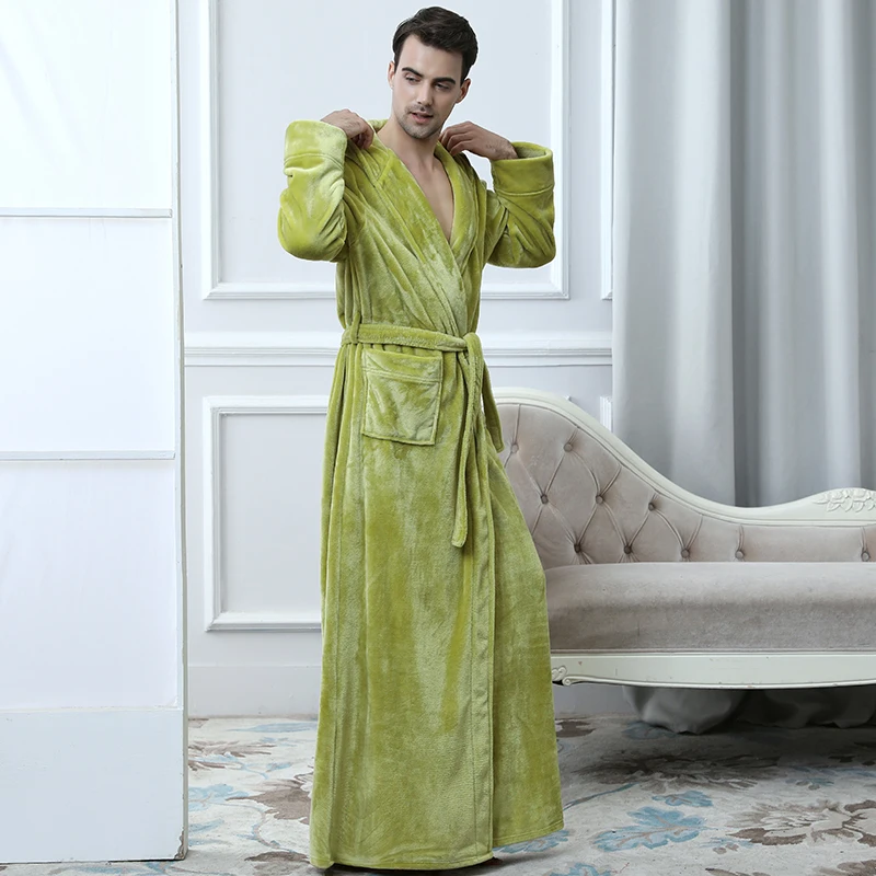 Men Grass Green Мужской длинный теплый фланелевый Халат размера плюс, зимний банный халат с капюшоном из кораллового флиса, банные мужские халаты, ночная одежда для женщин, сексуальный халат - Color: Men Grass Green