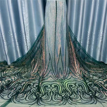 

Luxury Sequin Embroidery lace fabric dubai sewing High Quality tulle fabric African green lace fabric for Christmas party dress