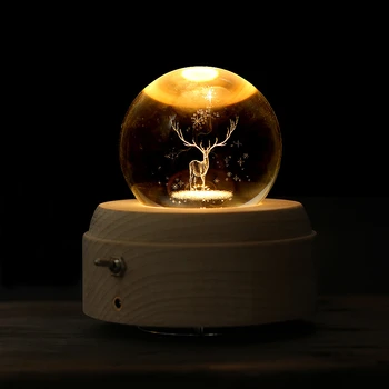 

3D Elk Moon Crystal Ball Luminous Rotary Music Box Christmas Birthday Gift Wooden Hand Crank Music Box Home Decoration