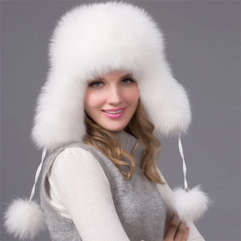 white Новая модная аутентичная натуральный мех лисы женская зимняя Лыжная Шапка головной убор женская зимняя лиса мех шапка-ушанка - Цвет: white