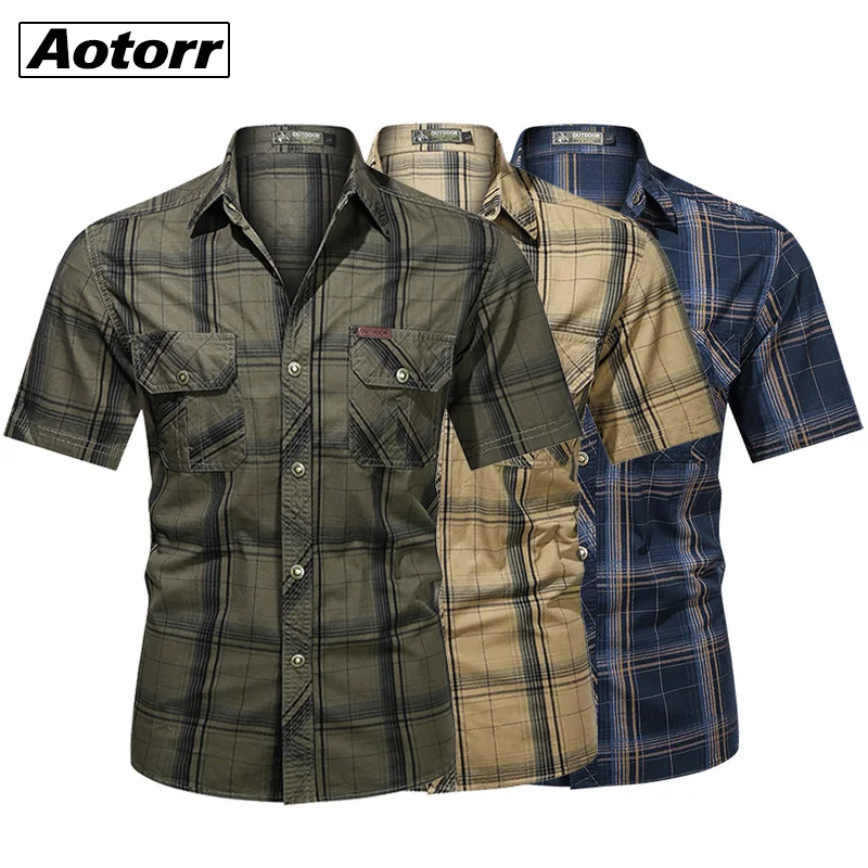 Camisa militar de manga corta para hombre, a la moda Camisa de algodón, informal, con solapa, a cuadros, para el trabajo, color verde militar, 100%, 5XL, novedad de verano