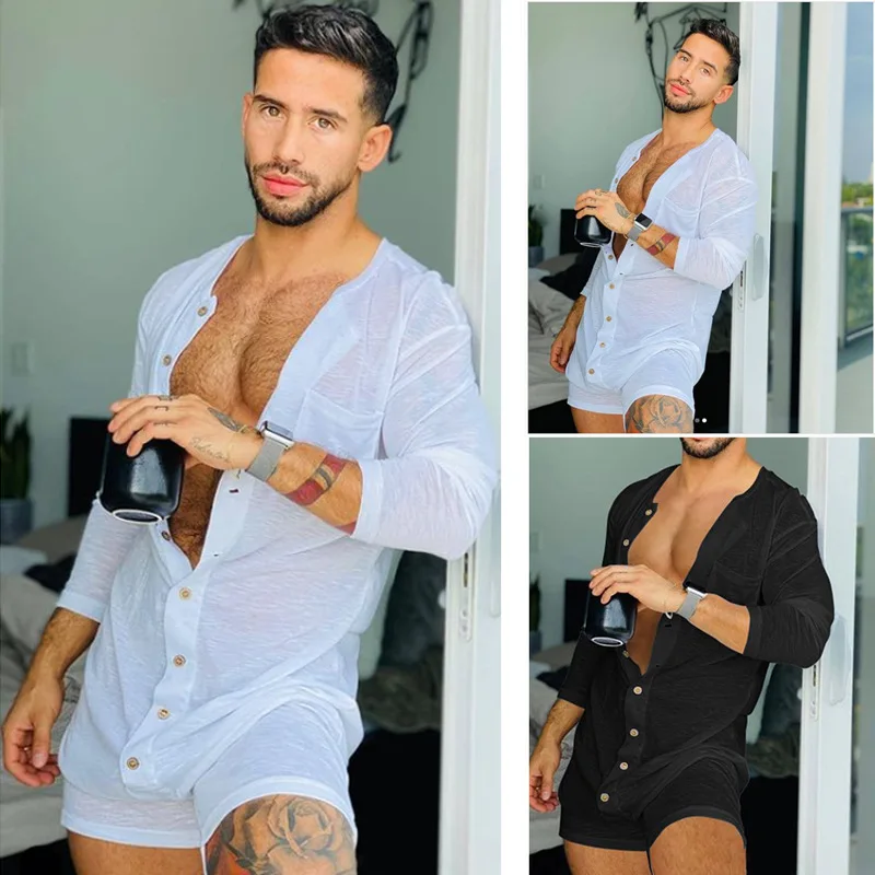 2021 New Short Sleeve Jumpsuits Playsuits for Men Fashion Leisure Home Conjoined Pajamas Sleep Bottom Buttoned Up Homewear Male mens sleepwear set