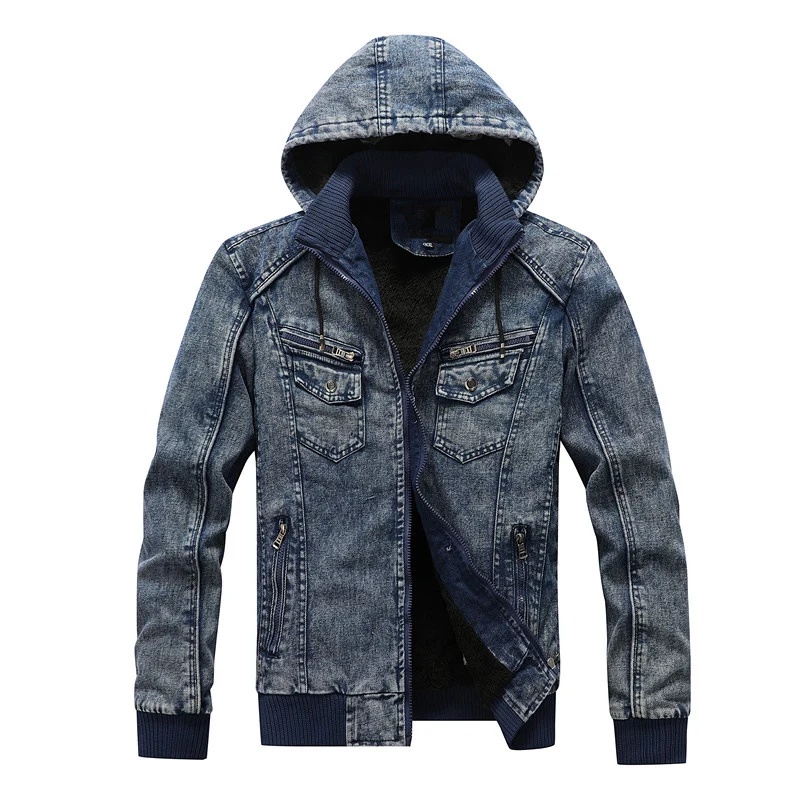 

Newly Fashion Winter Jacket Men Hooded Coats High Quality Retro Blue Spliced Designer Velvet Warm Denim Jackets Vintage Chaqueta