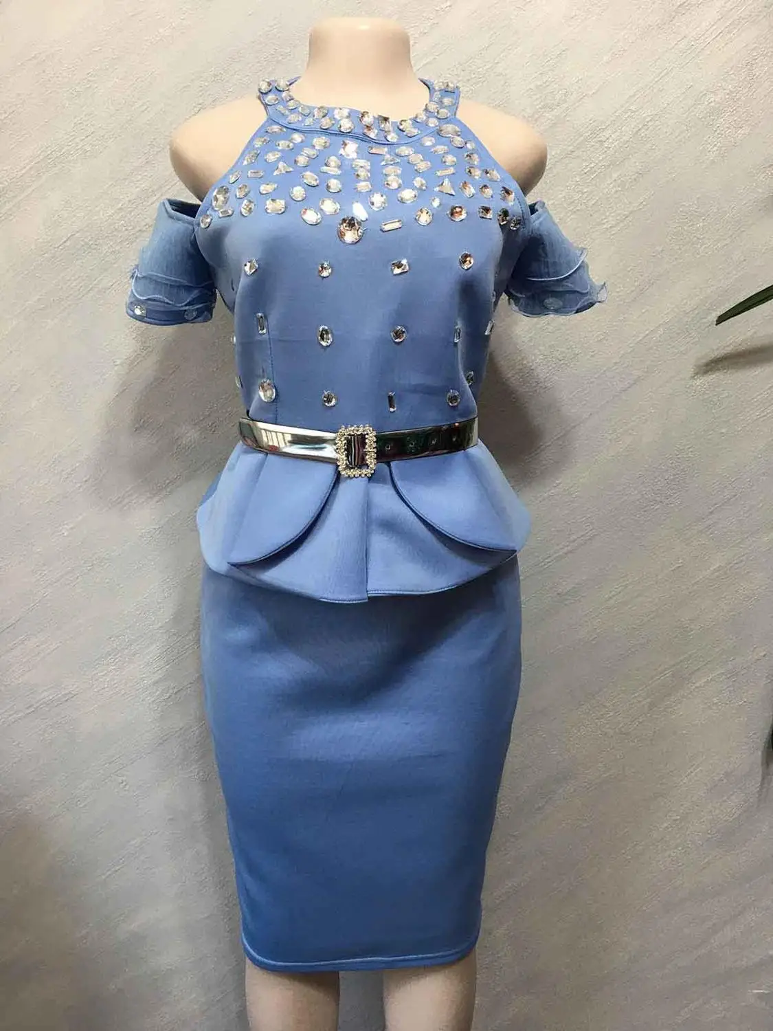 Light blue Новые африканские женские Дашики супер качество платье ногтей дрель и пояс топ+ юбка из двух частей Размер L XL XXL - Цвет: Light blue