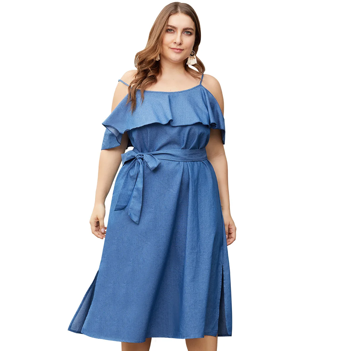 

Europe And The United States Brief Ruffled Strapless Straps Waist Split Fork Large Size Short Sleeve Women's Sling Denim Dress