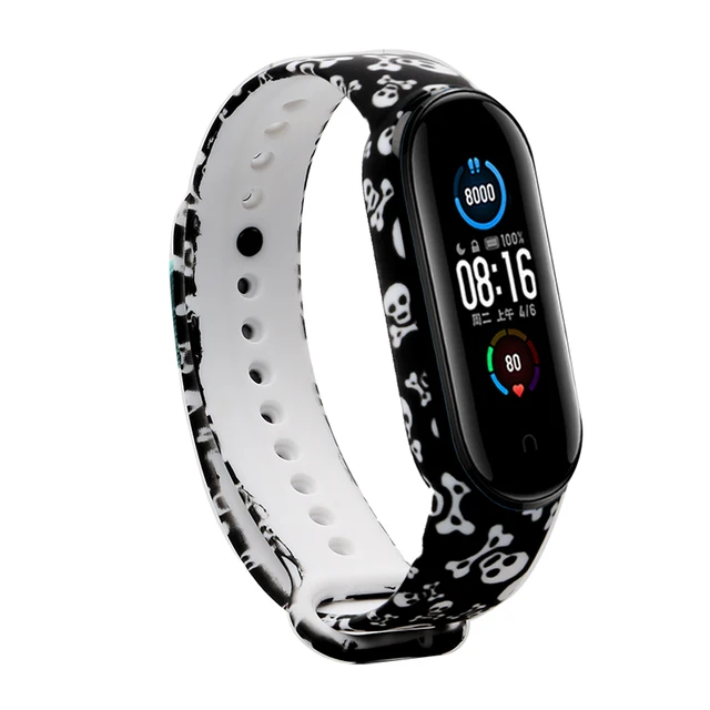 Bracelet for Xiaomi Mi Band 5 Strap Silicone Painting Flowers Belt miband 5 accessories Wrist Strap for Xiaomi Band 6 Skull