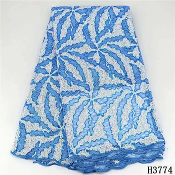 

Sky Blue African Net lace French Sequin fabric Sequins lace fabric 2020 Tulle Embroidery Mesh fabric for Wedding Dress HJ3774
