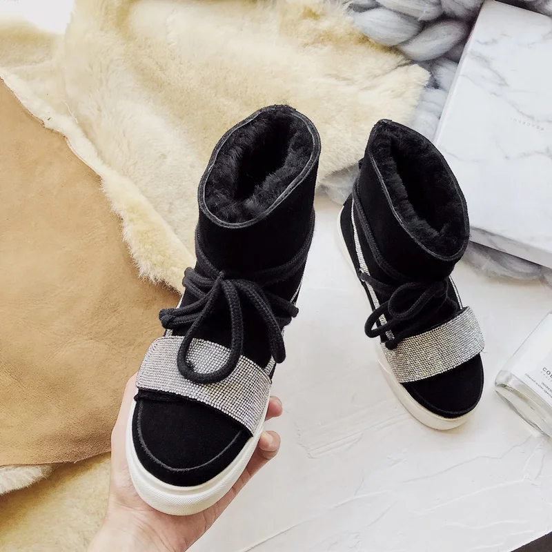 black ZVQ/ г. Зимние новые модные теплые зимние сапоги удобная женская обувь на плоской подошве с круглым носком и кристаллами Прямая, размер 34-42 - Цвет: black