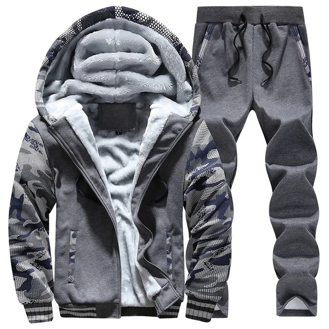 Tracksuit Men Sporting Fleece Thick Hooded Mens Jacket+Pant Warm Fur Inside Winter Sweatshirt Sets Men's Clothing Size M-5XL 1