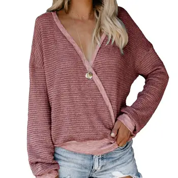 

Casual Women Solid Color Deep V Neck Cross Wrapped Walf Checks Loose Blouse