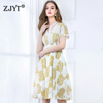 

2020 Runway Designer Fashion Summer Dresses for Women Elegant Clothes Short Sleeve Floral Print Hollow Knee Length Lace Dress
