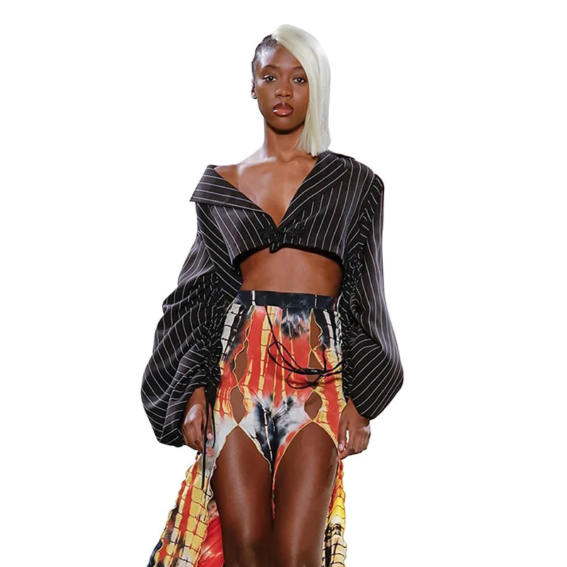 

2019 Autumn New Chinese Knot Stripe Long-sleeved Lapel Short Fashion Sweatershirt Tassel Puff Sleeve Turn Down Sexy Tops Women L