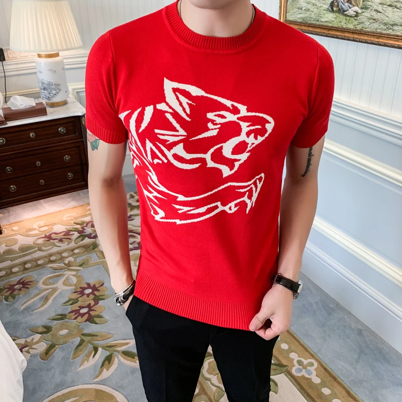 Уличная футболка с круглым рукавом Camisetas Hombre Осенняя мужская Трикотажная футболка с короткими рукавами и принтом животных жаккардовая ткань
