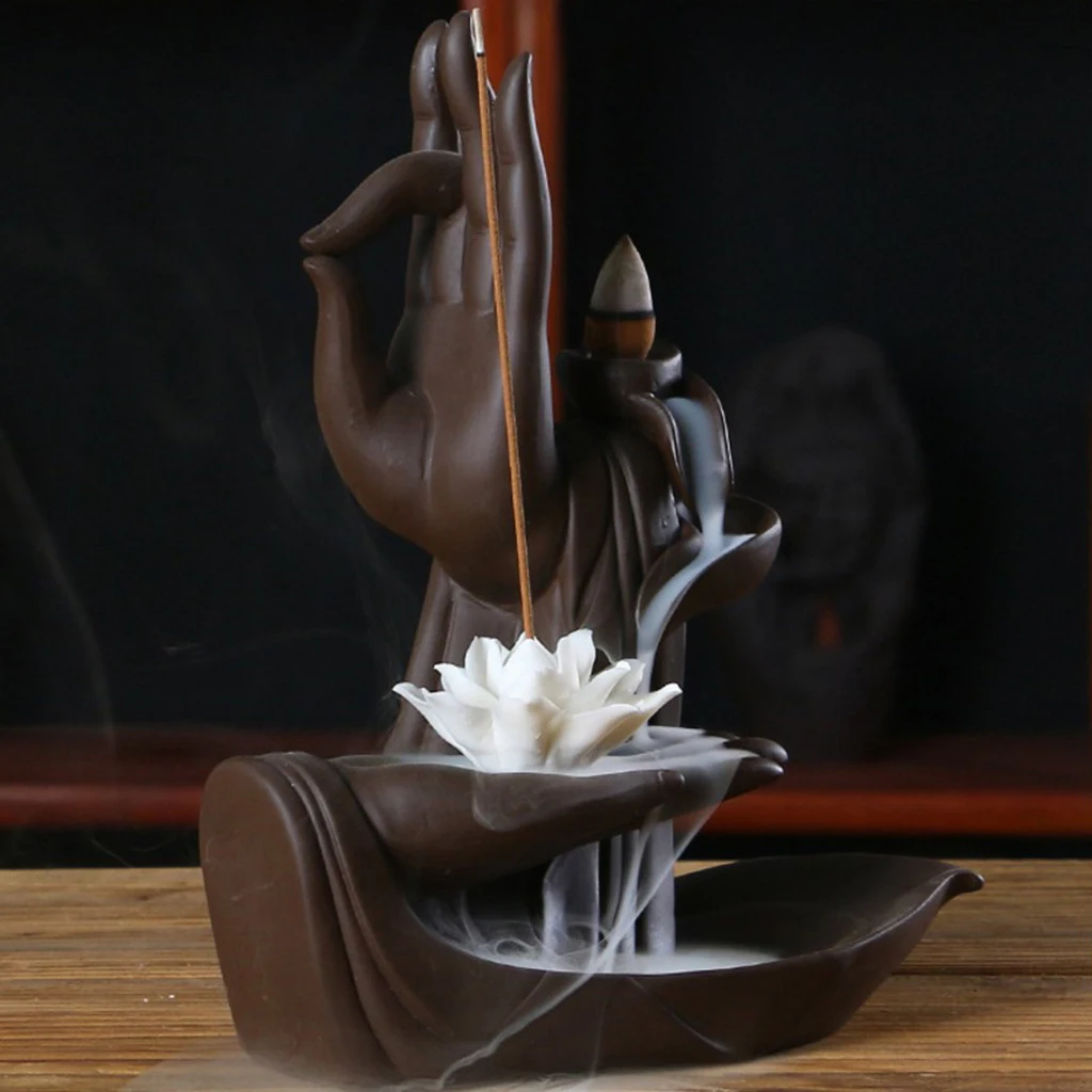 Ceramic Waterfall Backflow Incense Burner Incenser Stick Home Decoration Aromatherapy Ornament ,Lotus Hand &Buddha Design