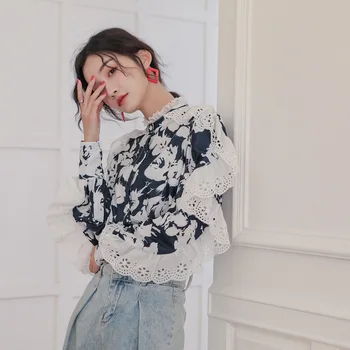 

Plus size Vintage Chic Shirt Lace Splice Stand collar Floral Print Irregular Blouse Women Loose Elegant Office Casual Shirt Tops