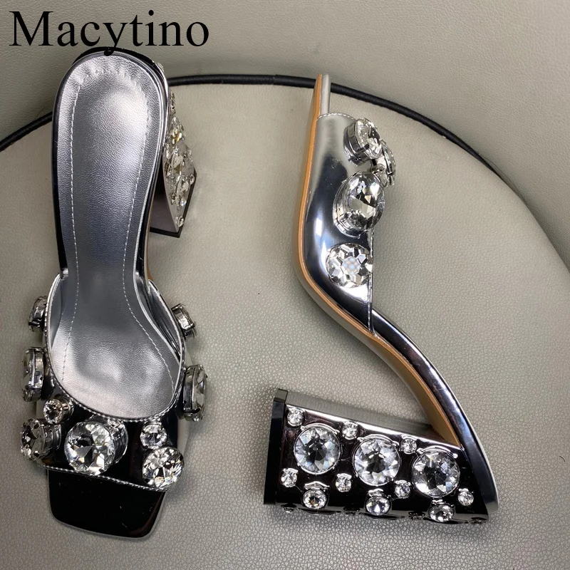 

Summer Women Mules Design slippers Sandals Square Chunky High Heel slides Silver Beaded Women shoes Summer Woman Outside Shoes