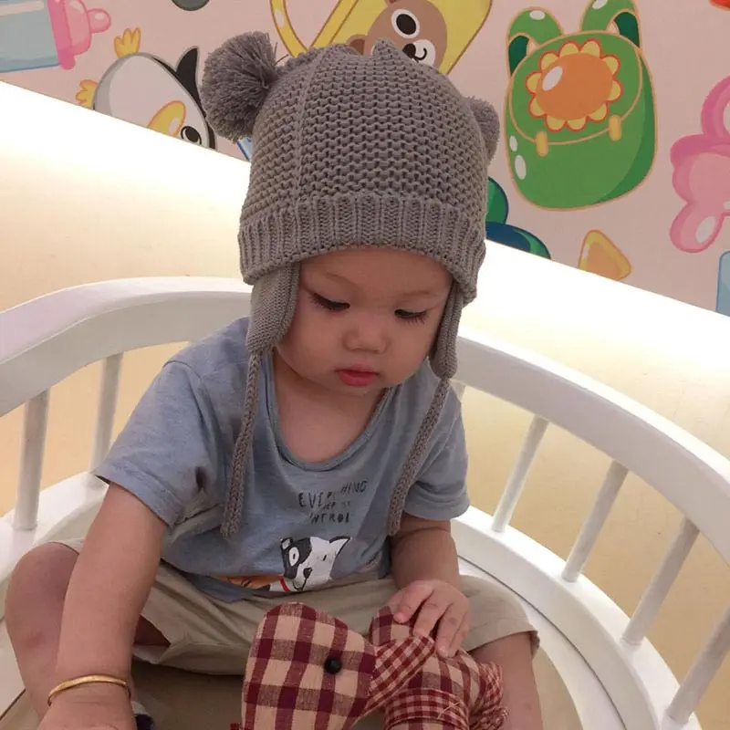 Теплая плюшевая вязаная шапка с наушниками детские зимние шапки для малышей