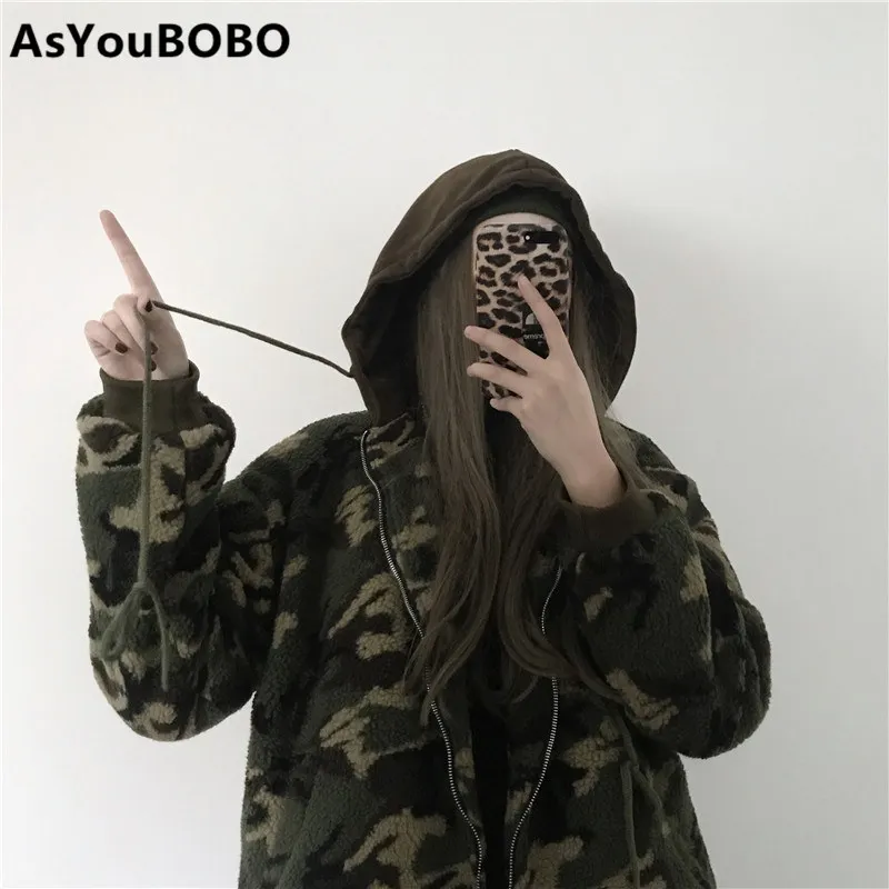 Харадзюку Винтаж ins Горячая зимняя теплая камуфляжная армейская зеленая свободная Толстая толстовка на молнии с капюшоном зимнее пальто куртка женская YQ-1100