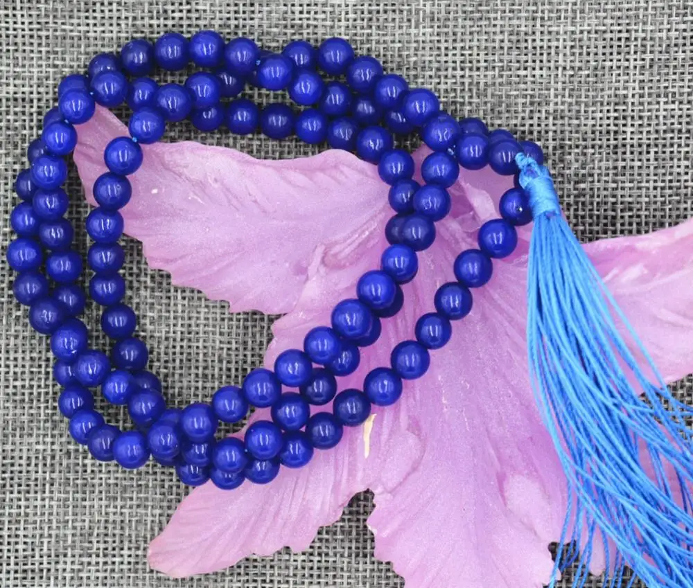 

Natural 6mm jade Buddhist Blue Sapphire 108 Prayer Beads Mala Bracelet Necklace