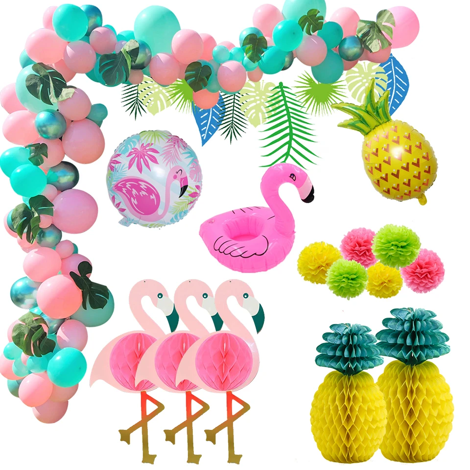 1 Juego de decoración de fiesta hawaiana, flamenco, piña, Tortuga, globo de hojas, arco, Luo, fiesta, playa, verano, Tropical, Decoración de cumpleaños