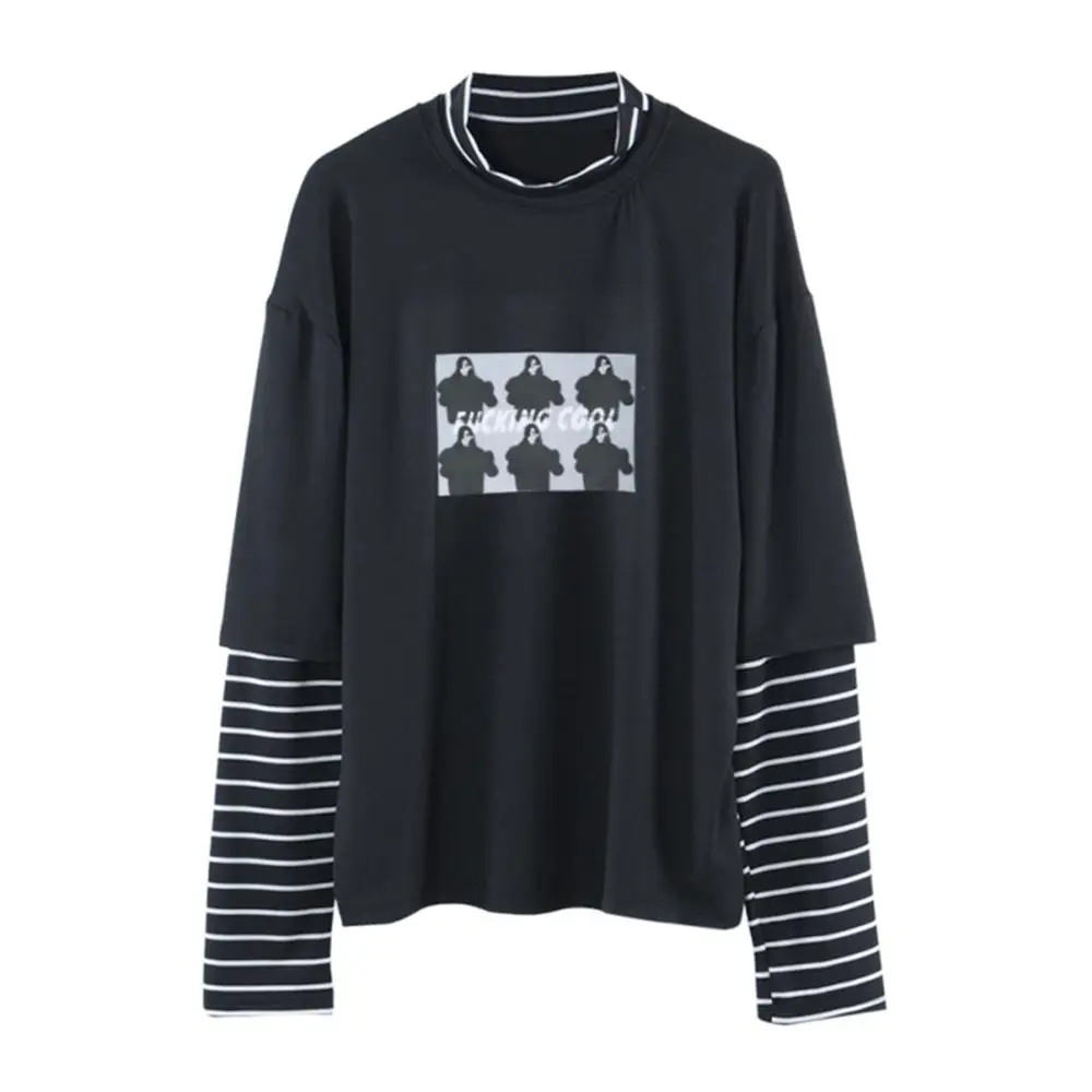

Fashion Autumn Women T Shirt Letter Print Stripe Patchwork Casual Loose Long Sleeve T Shirt trend bottoming shirt Tee Top
