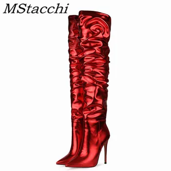 

Mstacchi Women Rubbing Color Pleated Thin Heels Thigh High Boots Elegant Lady Pointed Toe Sewing Slip On Reflective Knee Boots