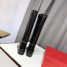 Bonjean/новые женские сапоги до колена; сезон осень-зима; теплые сапоги; женские мотоботы; обувь из натуральной кожи с заклепками и круглым носком на массивном каблуке