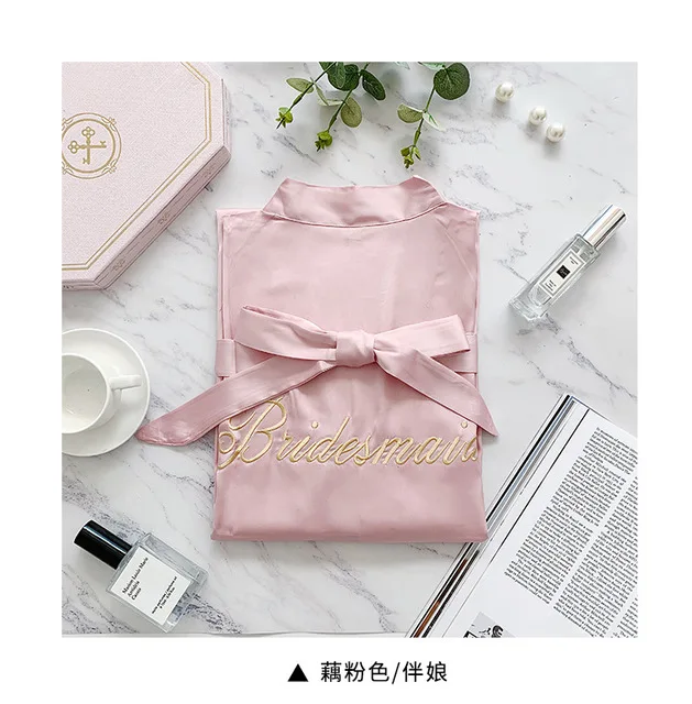 drak pink Bridesmaid Шелковое свадебное платье невесты с вышивкой, однотонный халат, Короткое Кимоно, ночной халат, банный халат, модный Халат - Цвет: drak pink Bridesmaid