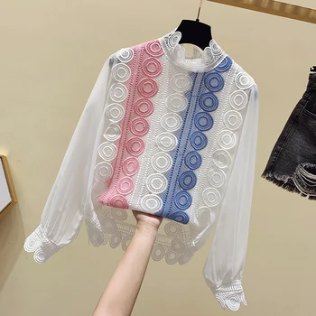 

Colorful Lace Blouse Woman Lace Shirt 2020 Spring New Chiffon Blouse Women's Tops and Blouses Blusas Feminina Student Tops