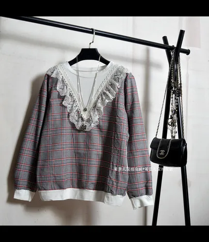 Белый New Fashion Autumn Style Korean Lace Ruffle Panel Loose Casual Plaid Long Sleeve Hoodie Plus Size Womens Hoodies Pullover - Цвет: Белый