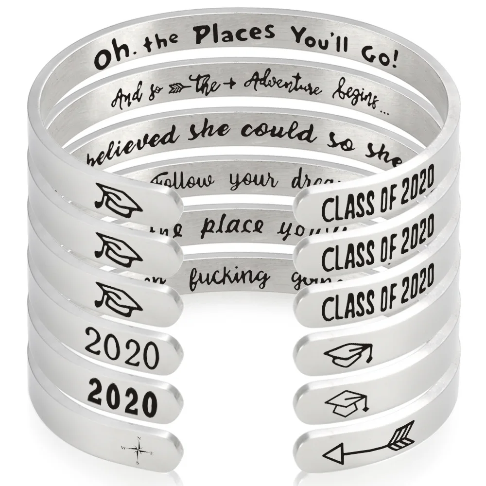 Yamily 1pcs/ Graduation jewelry gift Class of 2020 Stainless steel Engraved Bangle oh the places you' Cuff bangle friend | Украшения и