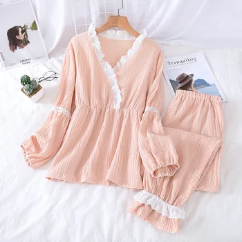 

Female Sleepwear Cotton 2PCS Pajamas Suit V-neck Pijamas Nightwear Pyjamas Casual Shirt&Pants Bathrobe 2020 New Home Clothes