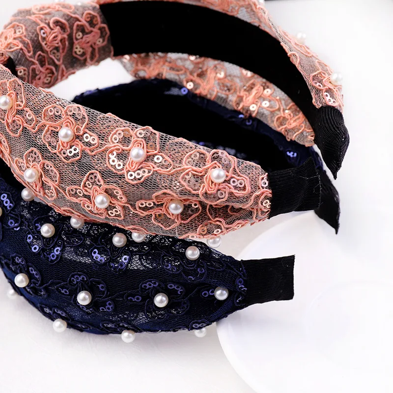 Sweet Ladies Pearl Headband Boutique Headwear Fashion Sequins Lace Hairband Top Knot Headband for women and girls